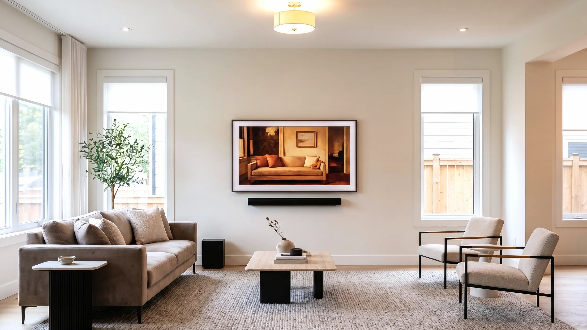 Modern living room with wall-mounted TV and soundbar professionally installed by TrueLVL in Dallas, TX